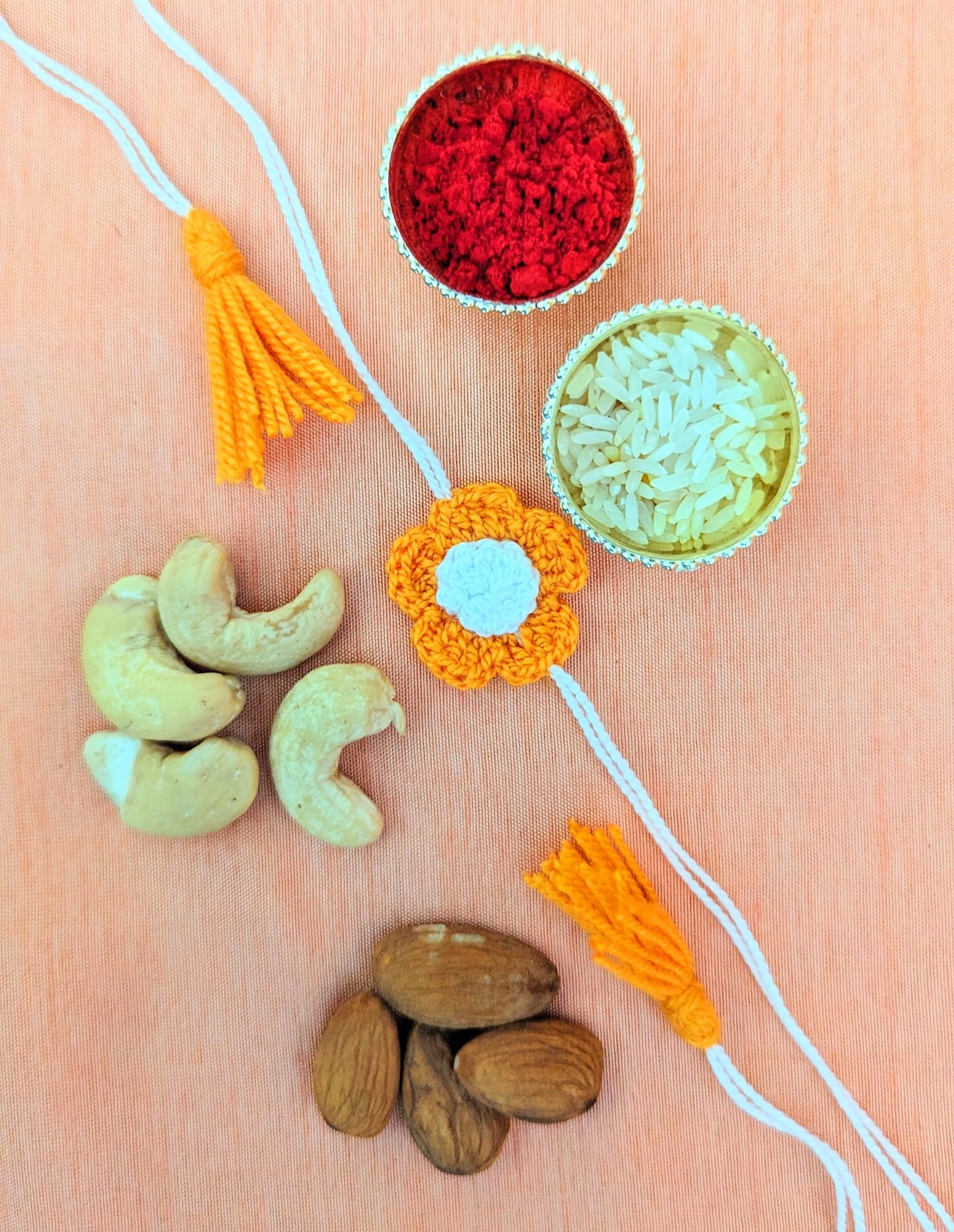 Orange and White flower rakhi (complete set)